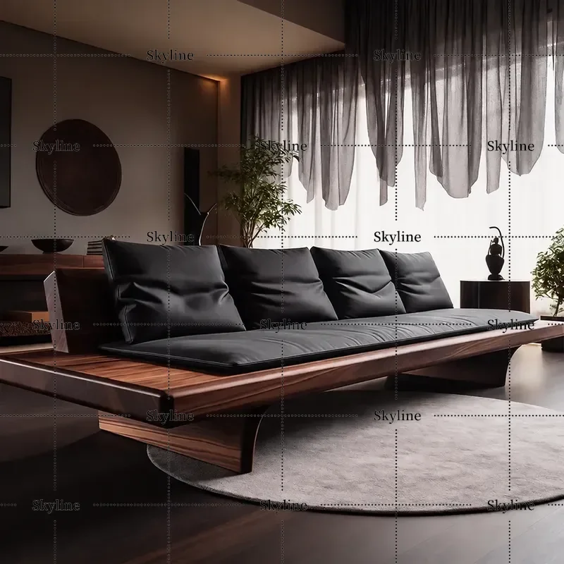 New Chinese Style Black Walnut Solid Wood Sofa with Tenon and Mortise Structure Retro Living Room Straight Sofa Customizable