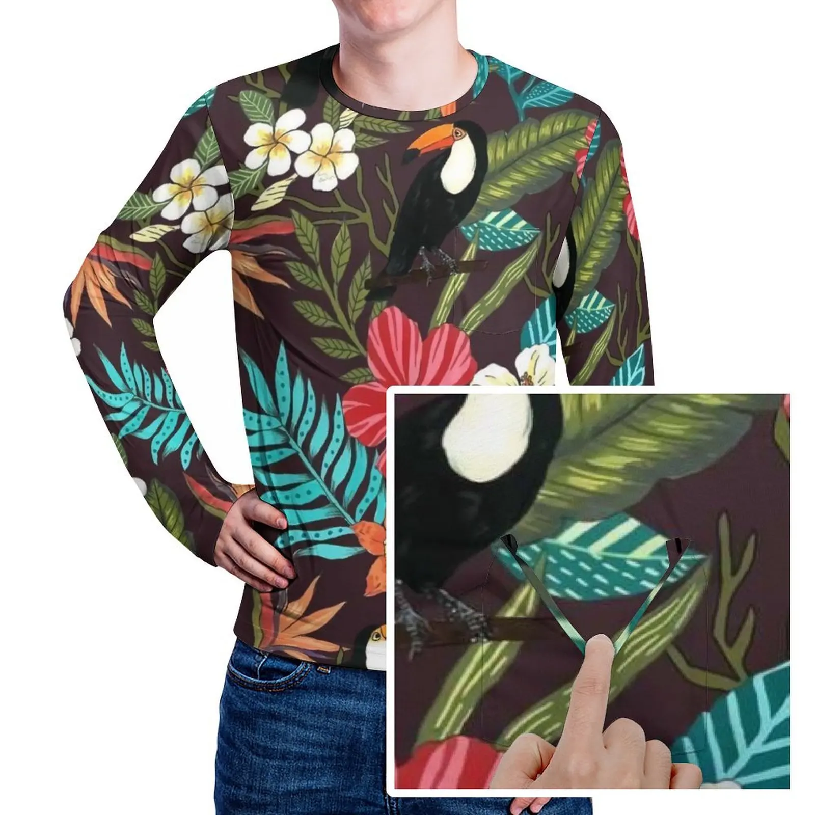 Colorful Flower Print T Shirt Men Tropical Floral Bird Leaf Y2K T Shirts Spring Cool Tees Long Sleeve Custom Big Size Clothing