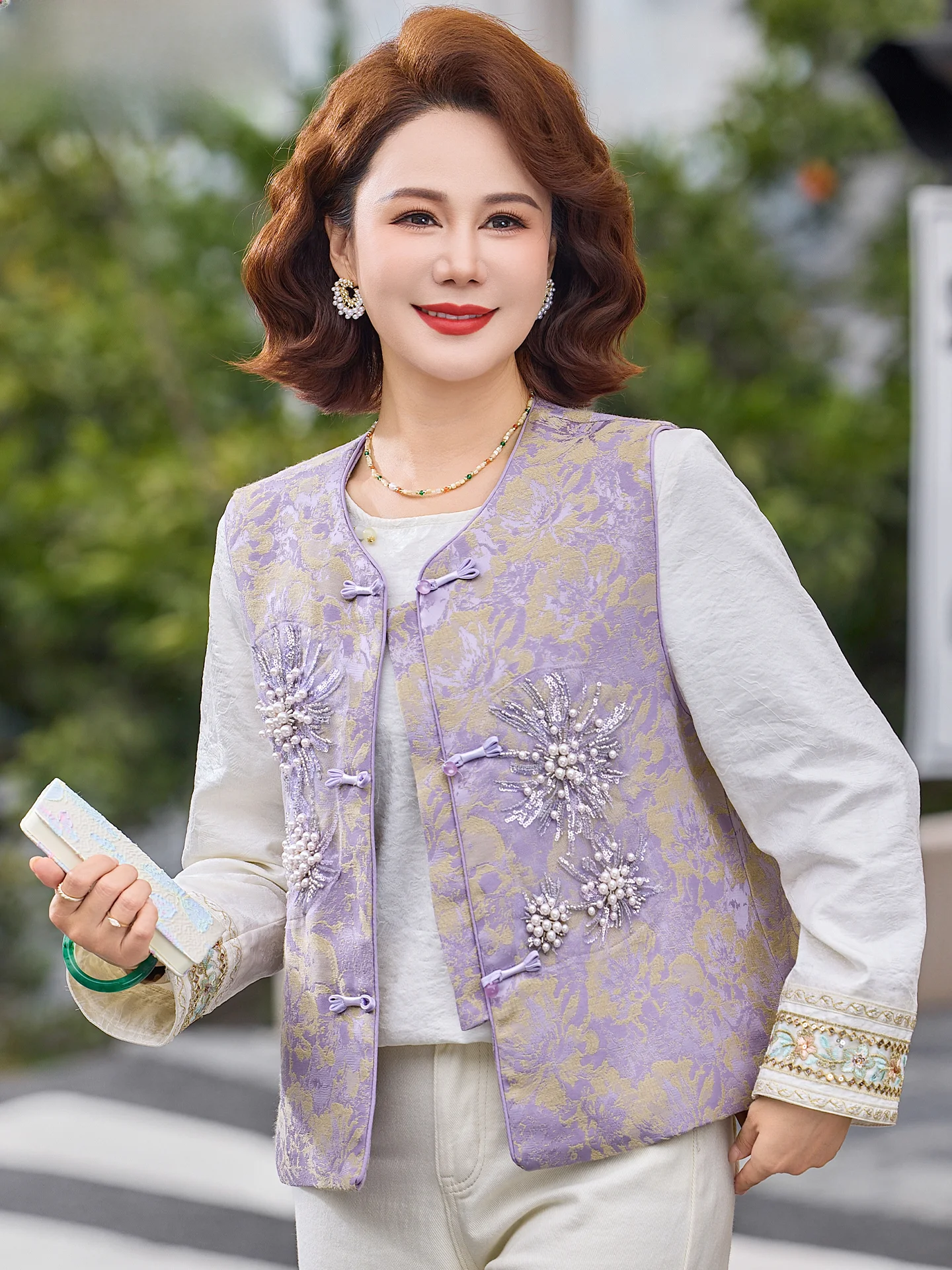 

New Chinese Sle Vest Coat Set for Middle-Aged Women Spring Autumn Faionable Comfortable Breathable Polyester Fiber