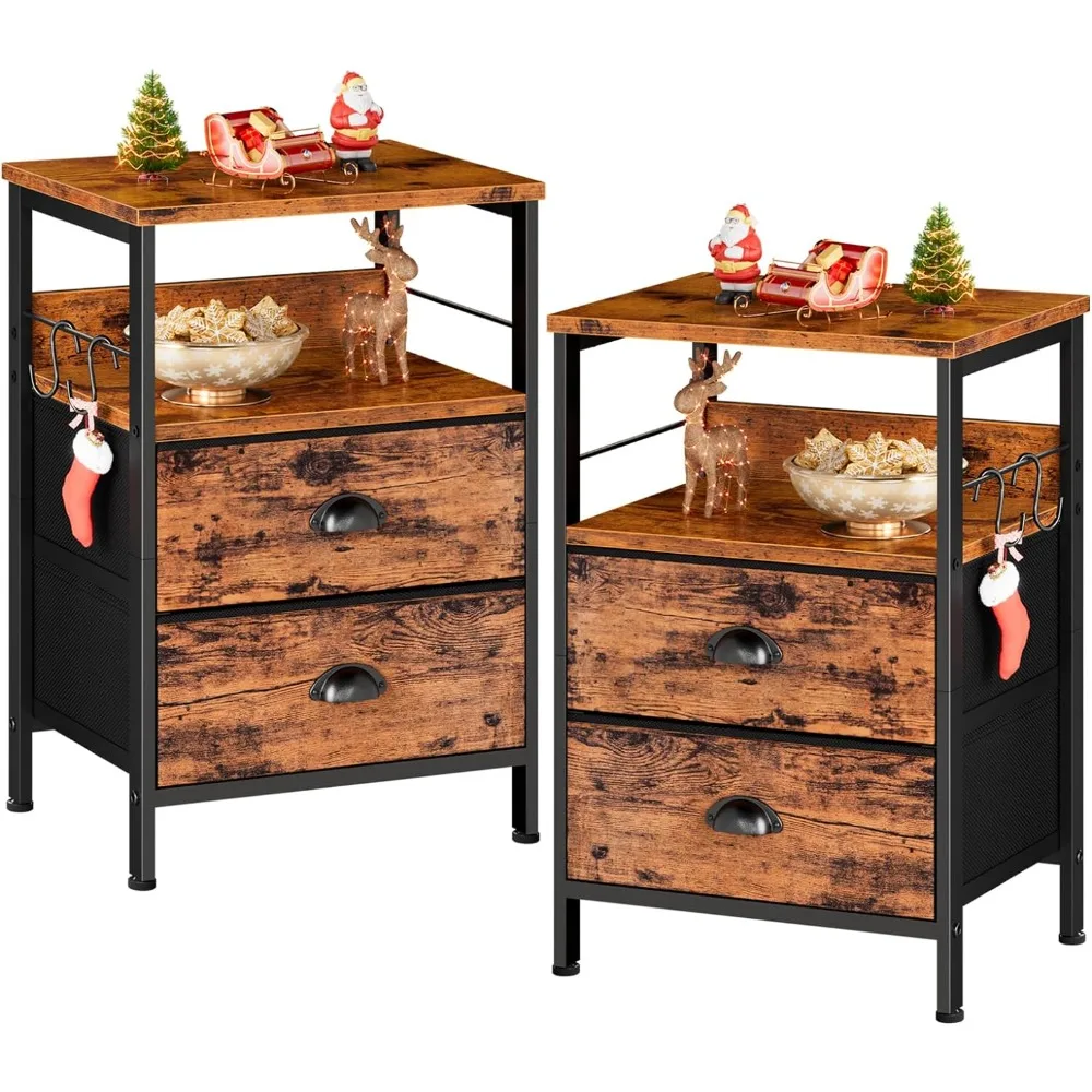 

Nightstands Set 2, Bedside Table with 2 Fabric Drawers, End Table with Hooks and Shelf, for Bedroom/Living Room/Study/Hallway