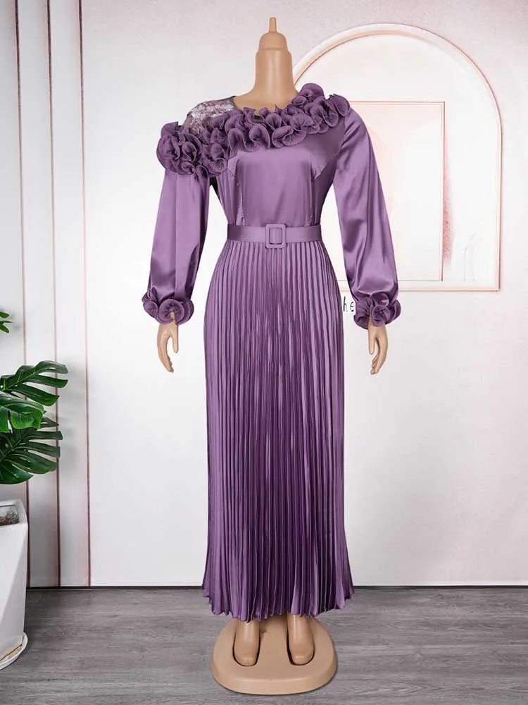 Ropa de otoño para mujer, vestido Maxi de manga larga con cinturón, vestido plisado elegante y elegante para noche y cumpleaños, vestido de fiesta de talla grande