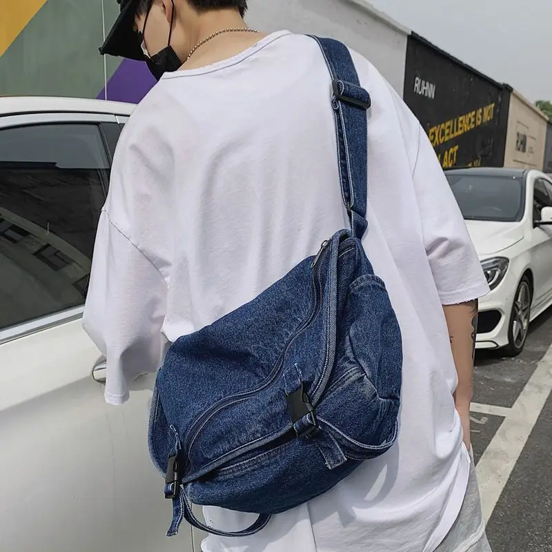 Korean Retro Washed Denim Crossbody Bag Women Street Trend Casual Large Capacity Shoulder Messenger Bag Couple Canvas Bag