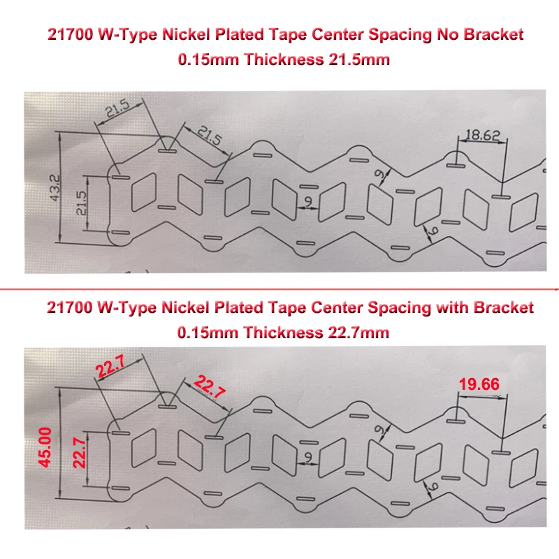 5M 21700 Lithium Battery Pack W-type Nickel-Plated Steel Strip 0.15mm Thickness 21.5mm/22.7mm Center Distance Spot Welding Nicke