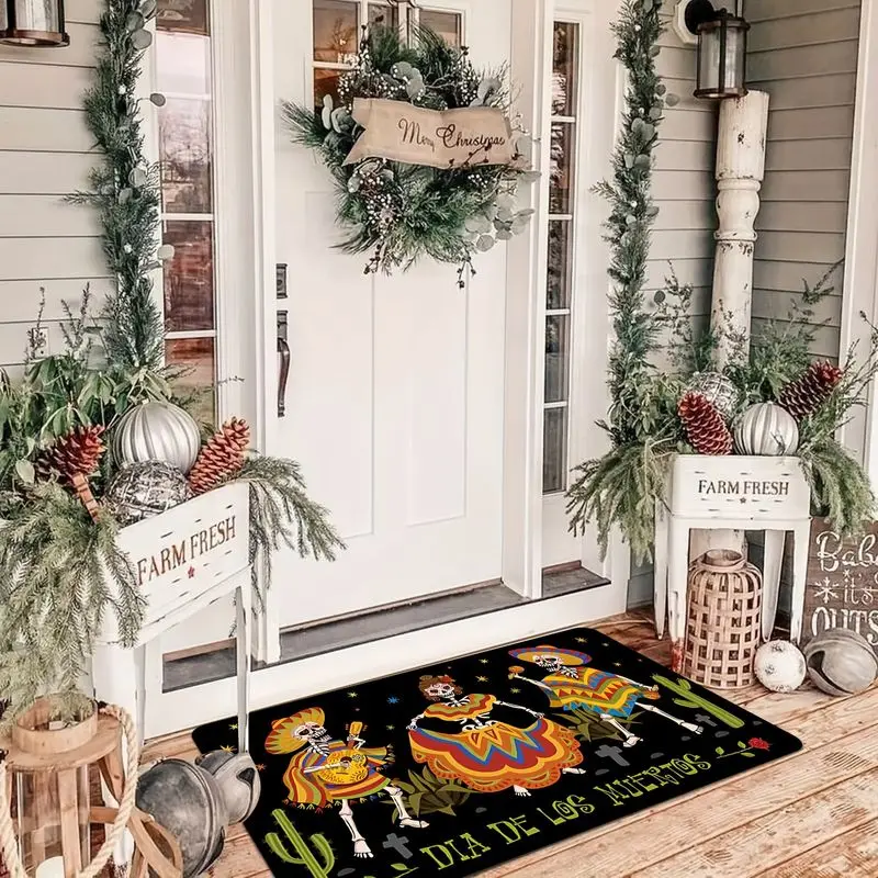 VIKAMA Mexican Dia De Los Muertos Entryway Mat Colorful Dancing Skeleton Cactus Floral Non‑Slip Doormat Holiday Home Decor