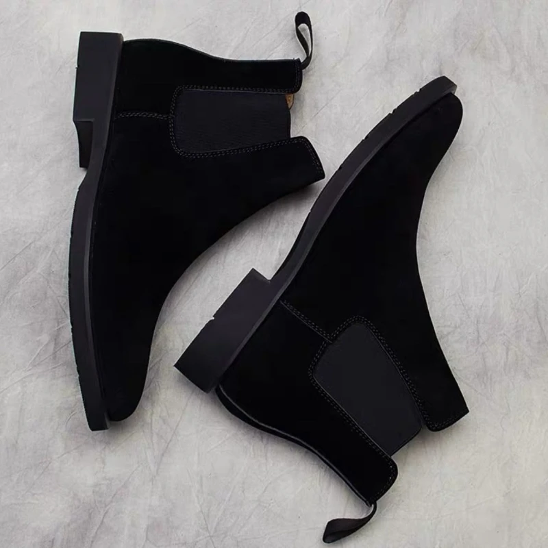 

​Winter 2025 New Arrival Men's High Top Suede Chelsea Boots British Stylish Hidden Insole Lift Black Work Boots​