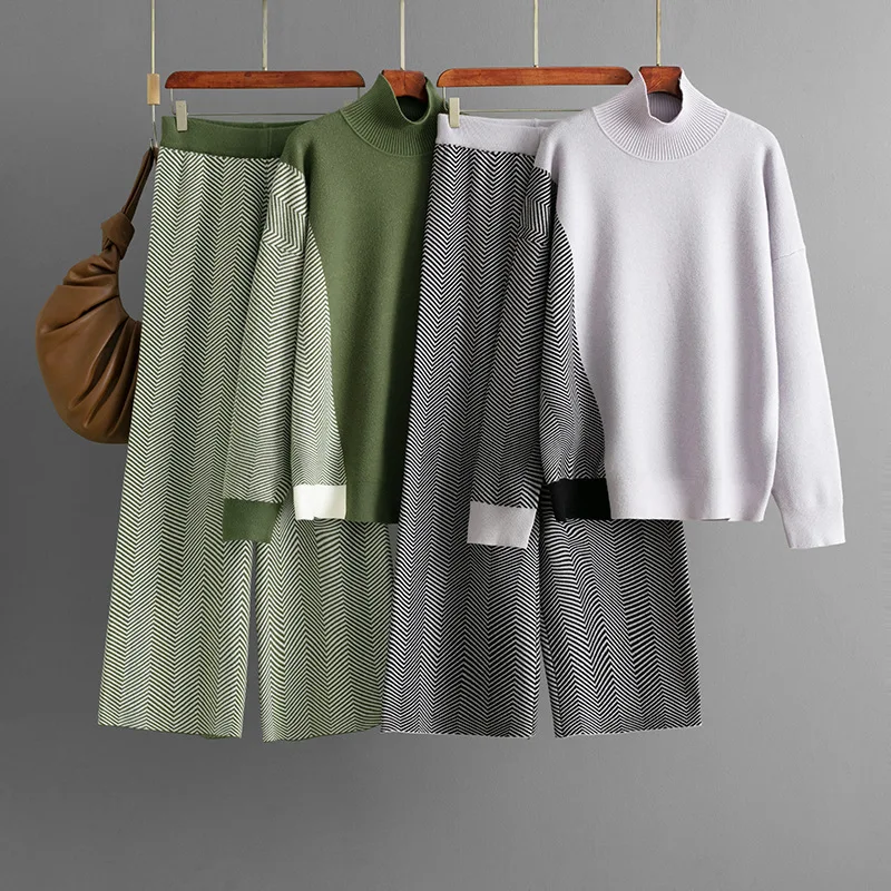 Autumn Winter Women's Clothing New Fashion Casual Contrasting Color Semi High Neck Loose Knit Top Wide Leg Pants Two-piece Set