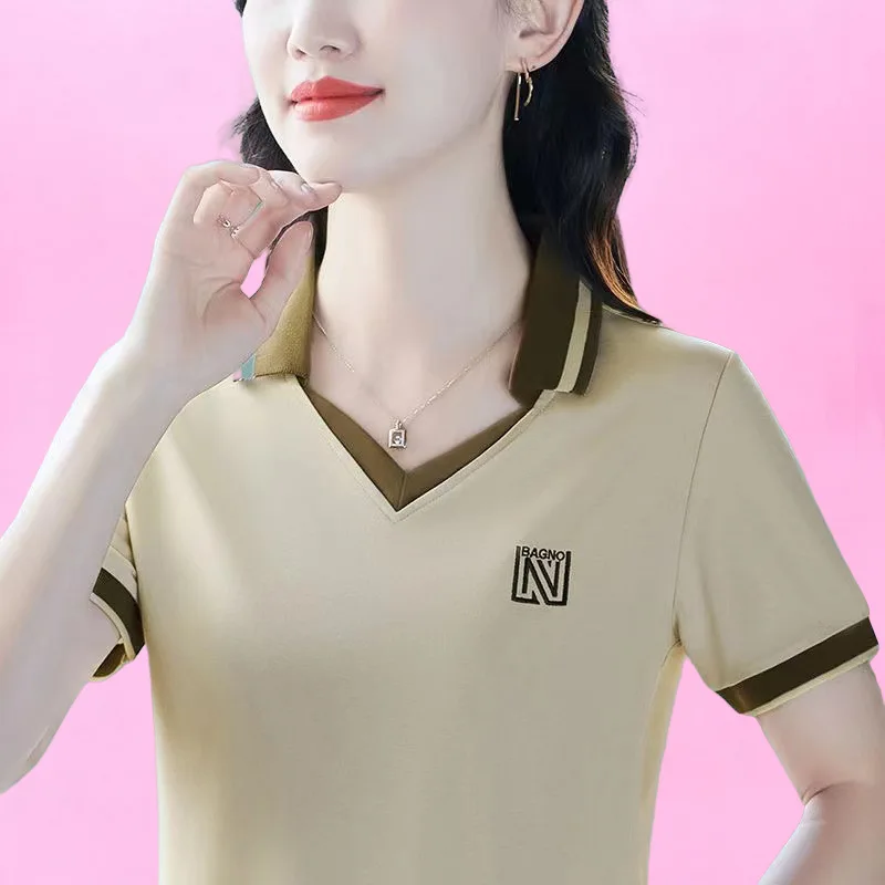 Summer Women Solid Color Lapel Collar Casual Short Sleeved Embroidery Contrasting Colors Polo Shirt Loose Appear Thin T-shirt