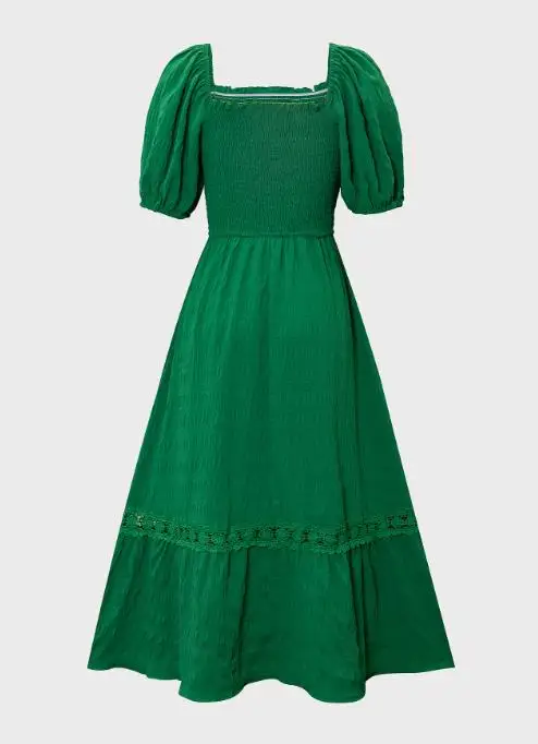 Vestido midi con mangas abullonadas y cuello cuadrado para mujer, corpiño fruncido con encaje, detalle de ribete, diseño de manga abullonada, vestido elegante e informal