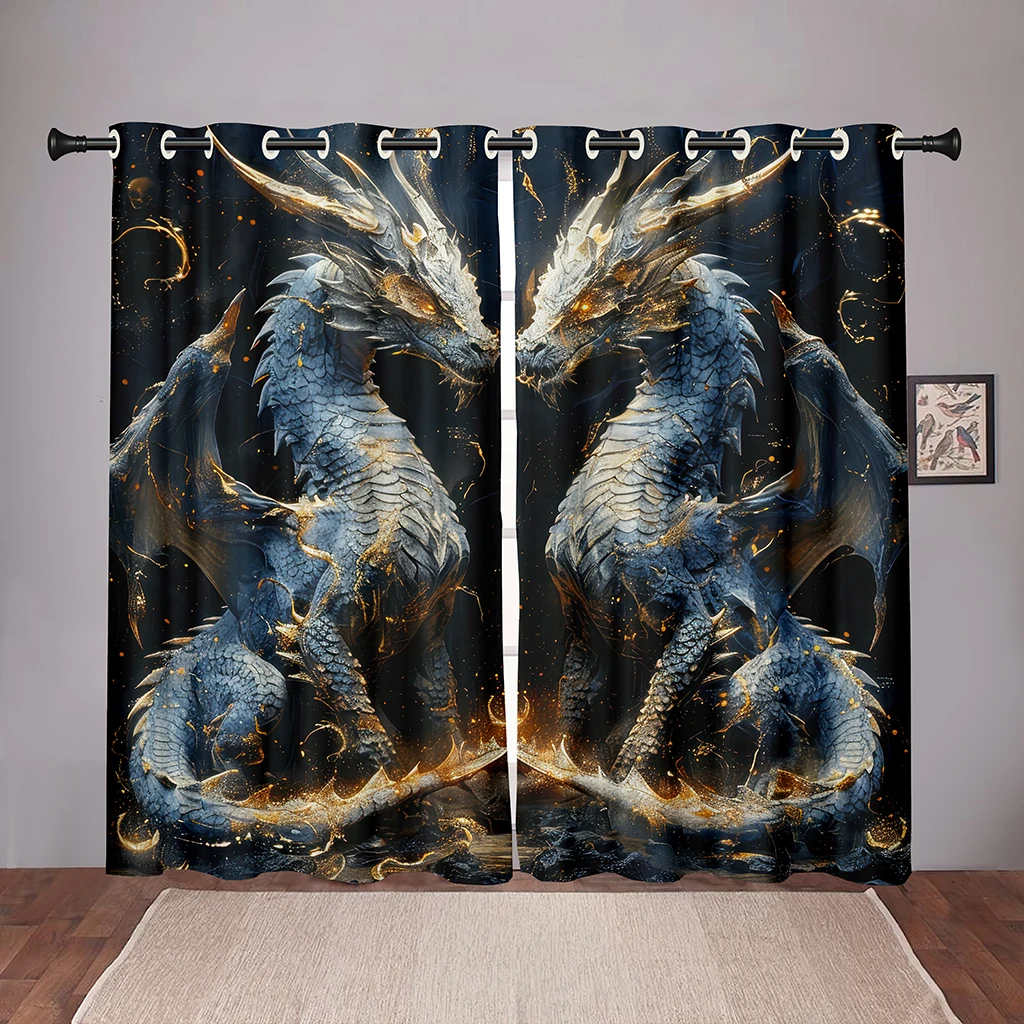 

2Pcs 3D Fantasy Twin Dragon Print Curtains Golden Sparks Digital Print Boys Bedroom Living Room Game Room Decor Curtains