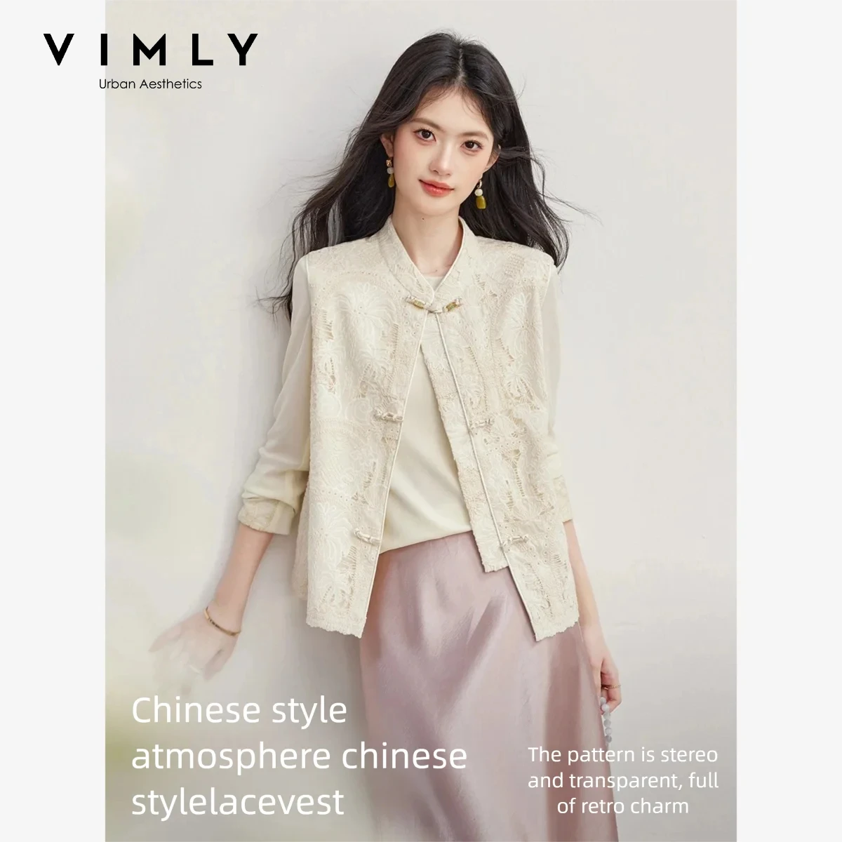 VIMLY New Chinese Style Vest Embroidered Stand Collar Frog Button Sleeveless Tops Women Cotton 100% Fashion Elegant Vests A6801