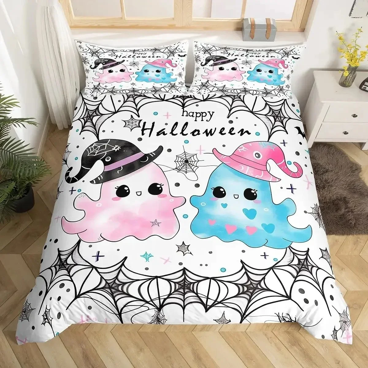 

Happy Halloween Duvet Cover Double Stars Bat Ghost Cat Pumpkin Comforter Cover Cartoon Holiday Pink Purple Graffiti Quilt Cover