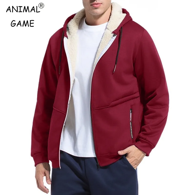 

Уличная повседневная толстовка с изображением животных для мужчин, толстая флисовая толстовка на подкладке шерпа, тяжелая куртка на молнии с капюшоном, пальто, уличная одежда