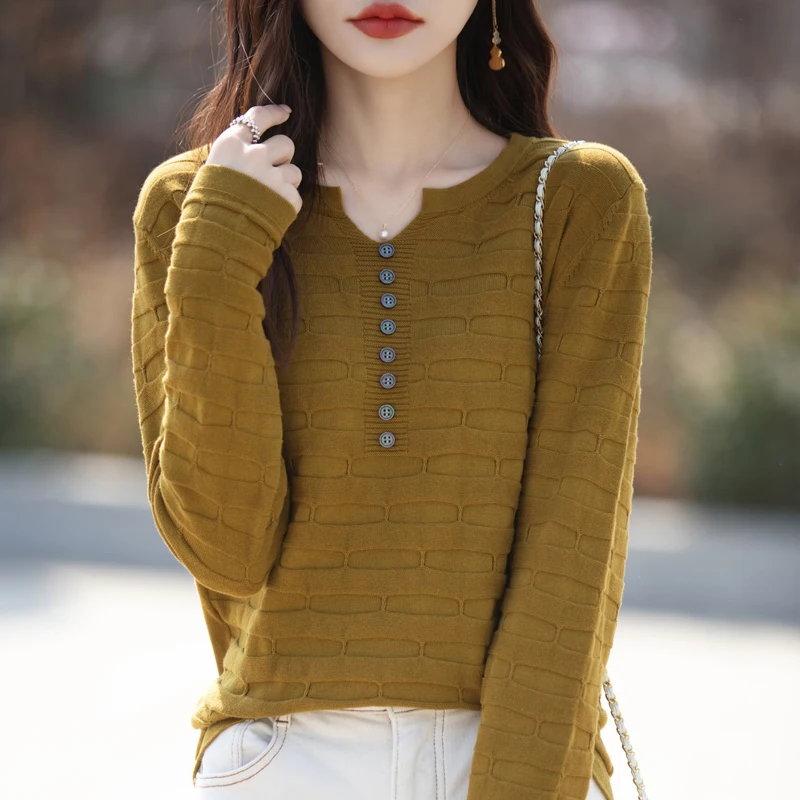 Autumn Winter Women 100% Cotton Sweater V-neck Half Open Buckle Pullover Square Pit Sweater Slim Knitted Warm Bottoming Tops