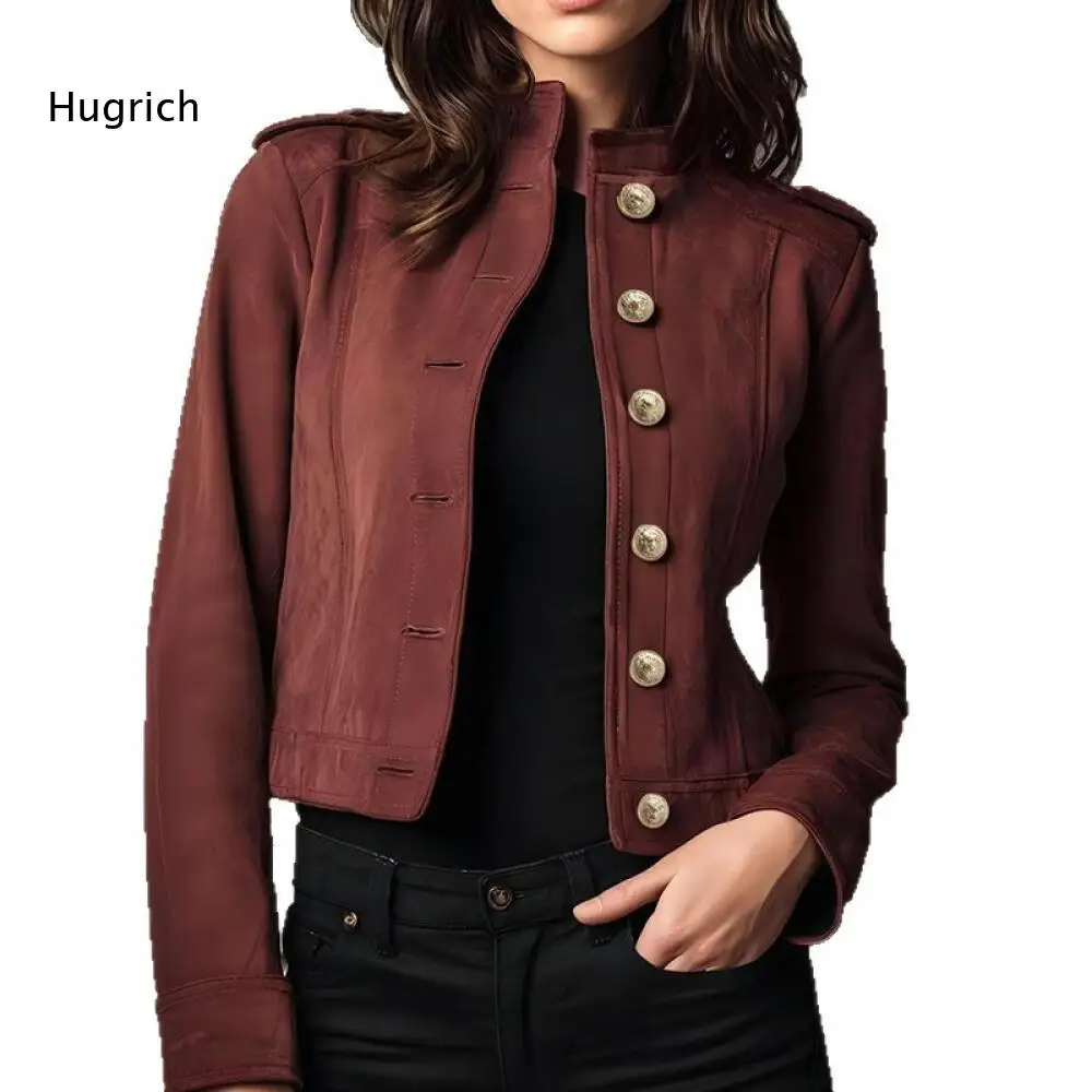 Women Long Sleeve Faux Leather Crop Jacket Stand Collar Gold Button Decor Slim Outer Coat For Daily And Dating Looks
