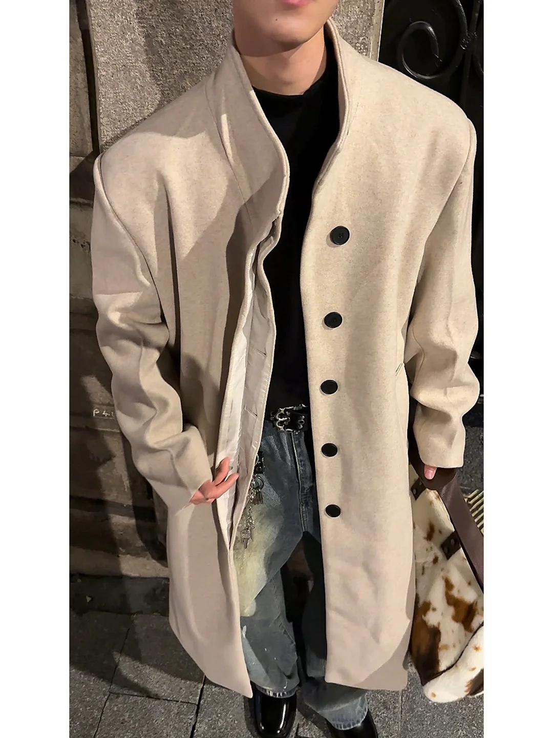 

Thiened Woolen Men's Long Coat Stand Collar Autumn Winter Heavy Single Button Briti Sle Faion Urban Outerwear