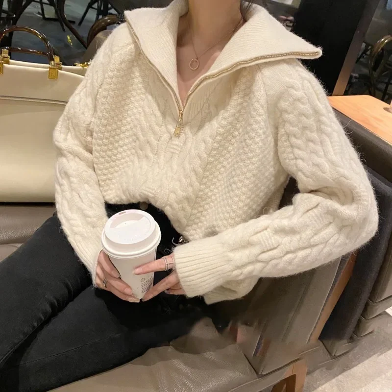 

2022 autumn and winter new women's casual loose zipper polo collar loose knitted pullover warm sweater thick knitted sweater