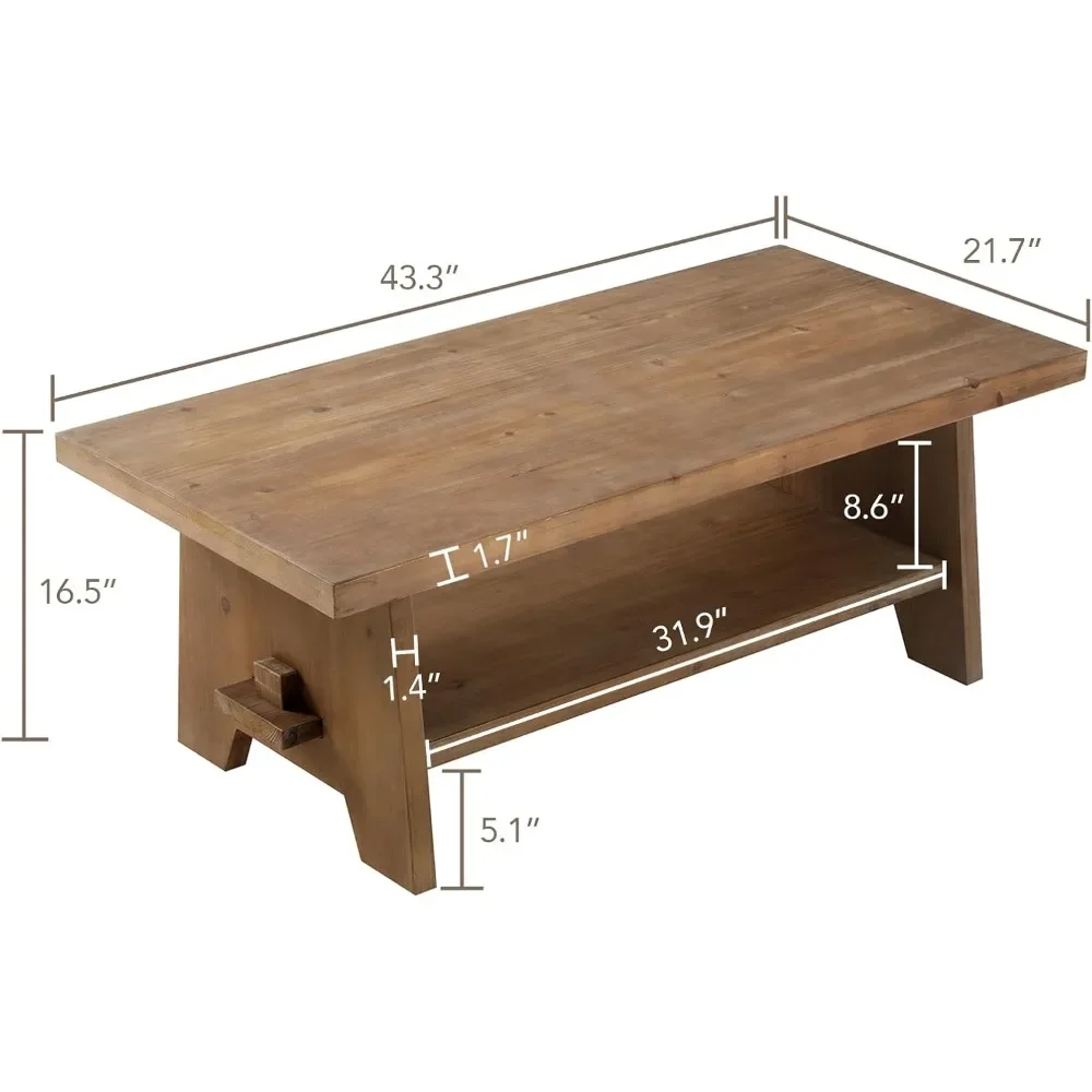 Farmhouse Wood Coffee Table - 43.4” Mid Century Modern Wooden Coffee Tables for Living Room, Solid Firwood Tabletop