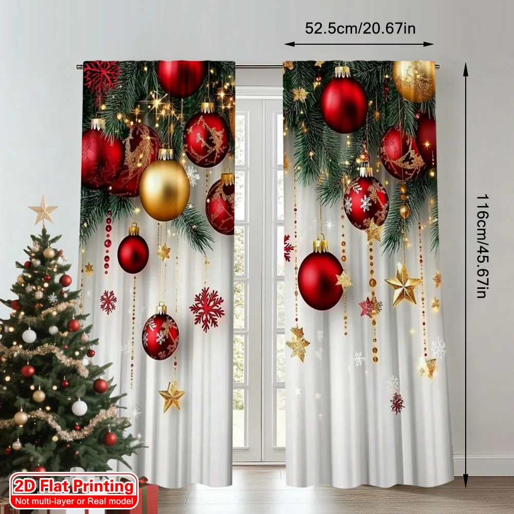 2pcs 2D flat printing Merry Christmas Trendy Curtains Red and Gold Ball Pine Branch Snowflake Digital Printed Polyester Drapes