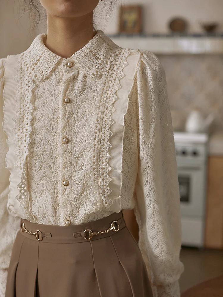 Women\'s Lace Shirts Blouses Y2k Vintage Aesthetic Harajuku 2000s Elegant Fashion Solid Color Long Sleeve Shirt Top Clothes 2024