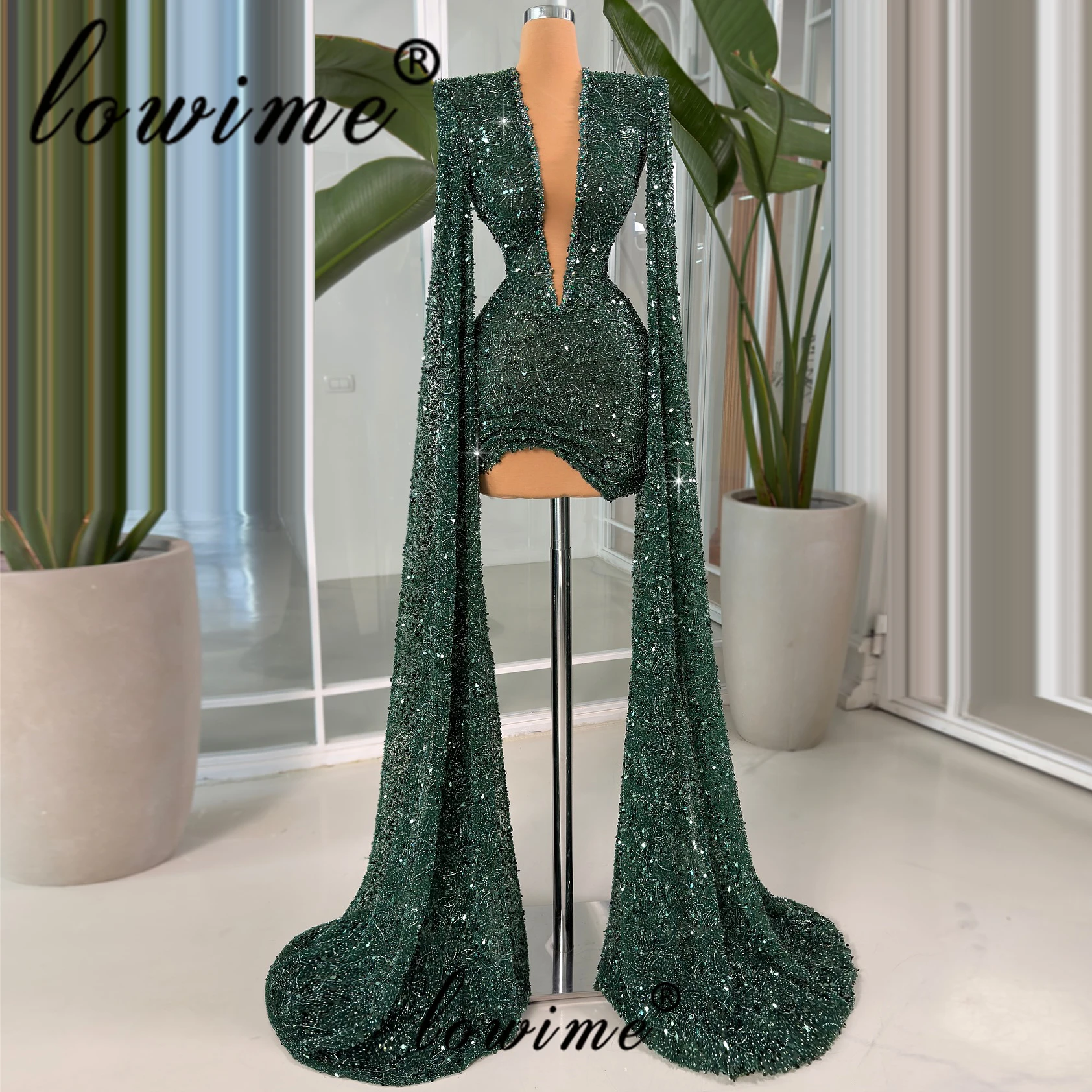 

Элегантное зеленое короткое коктейльное платье с глубоким v-образным вырезом, платье русалки с длинным рукавом для дня рождения, платье для выпускного вечера с блестками и бусинами по индивидуальному заказу