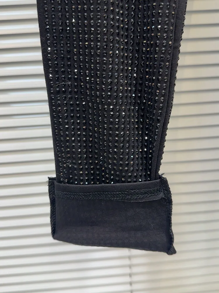 DEAT Trendy Fashion Women\'s Solid Color Diamonds Straight Pants 2023 Winter New Elastic High Waist Trousers Female 11XX7656