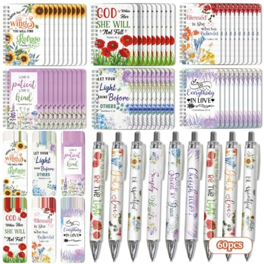 

Набор христианских подарков для женщин: 60 мини-блокнотов с библейскими стихами, 60 ручек с цитатами из Священного Писания и 60 закладок.
