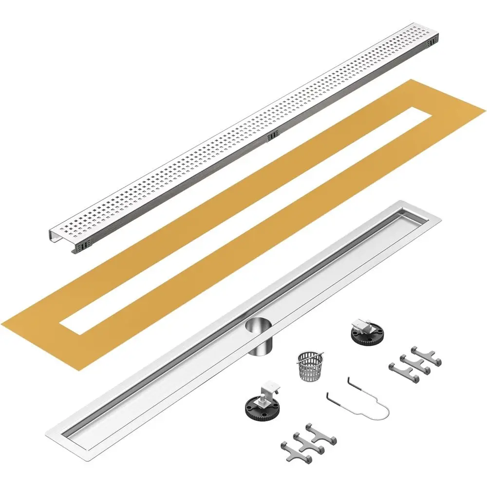 

24 Inch Square Grate Linear Shower Drain, Brushed Stainless Steel, Low Profile with Hair Strainer