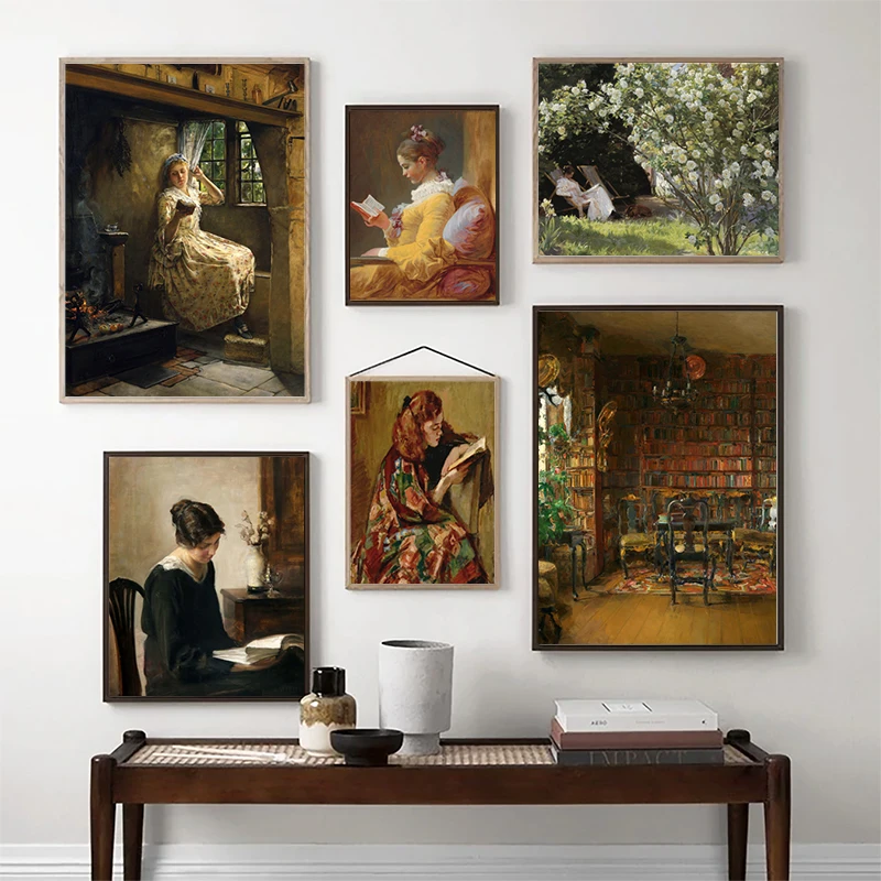 Pintura al óleo Vintage de lectura para niña, carteles en lienzo, retrato de lector de mujer antigua, impresión artística, decoración de pared para el hogar, habitación de niñas y oficina