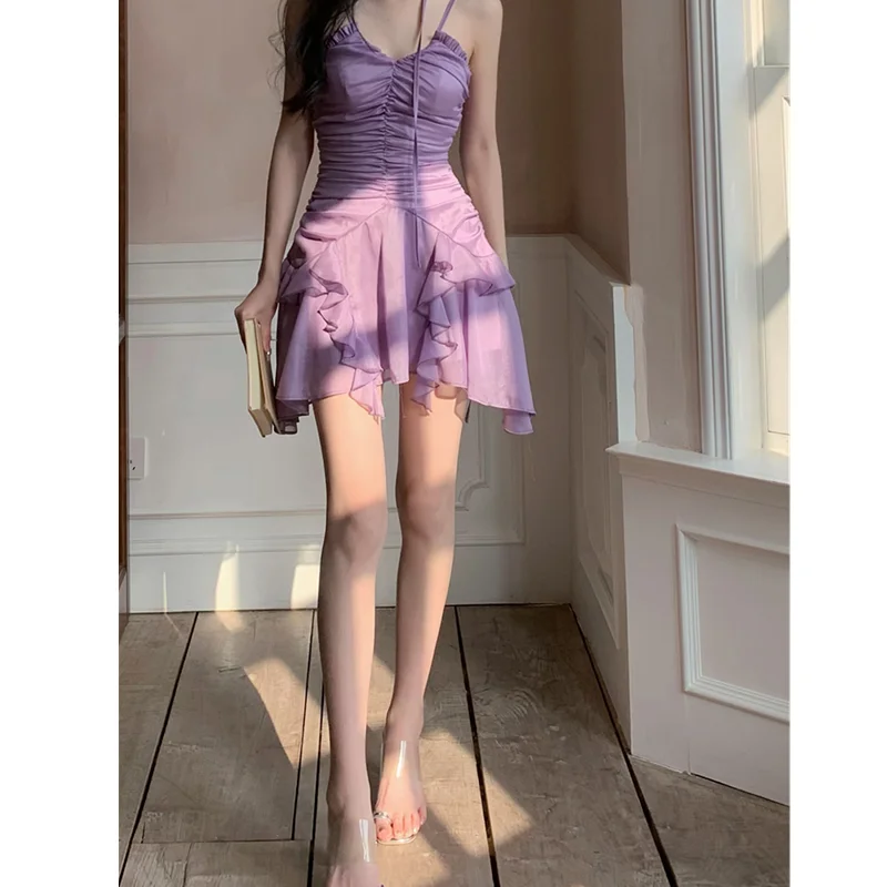 2023 Summer Women\'s Dress Sexy Fashion Suspender Short Irregular Skirt Dress Purple Shoulder Backless Chiffon Dresses for Women