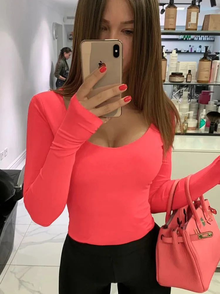 Pomarańczowe neonowe body damskie z długim rękawem Bodycon seksowna jesienno-zimowa odzież uliczna klubowe stroje imprezowe codzienna odzież damska