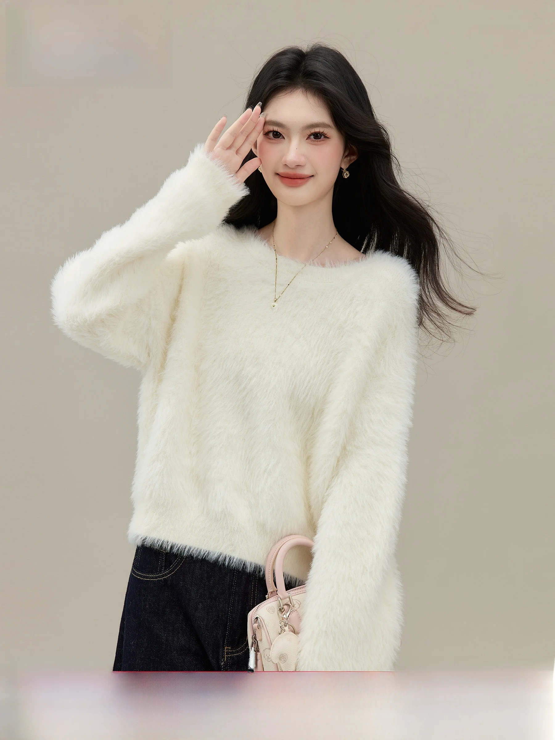 

Мягкий уютный кашемировый свитер с круглым вырезом, женский стиль, новинка весны, вязаная рубашка из искусственного меха, повседневная свободная модель с длинным рукавом, теплая