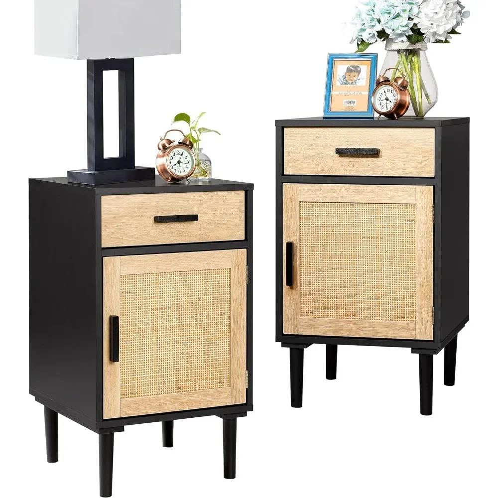 Juego de 2 mesitas de noche altas, mesita de noche con cajón y estante, puertas decoradas en ratán hechas a mano, con almacenamiento