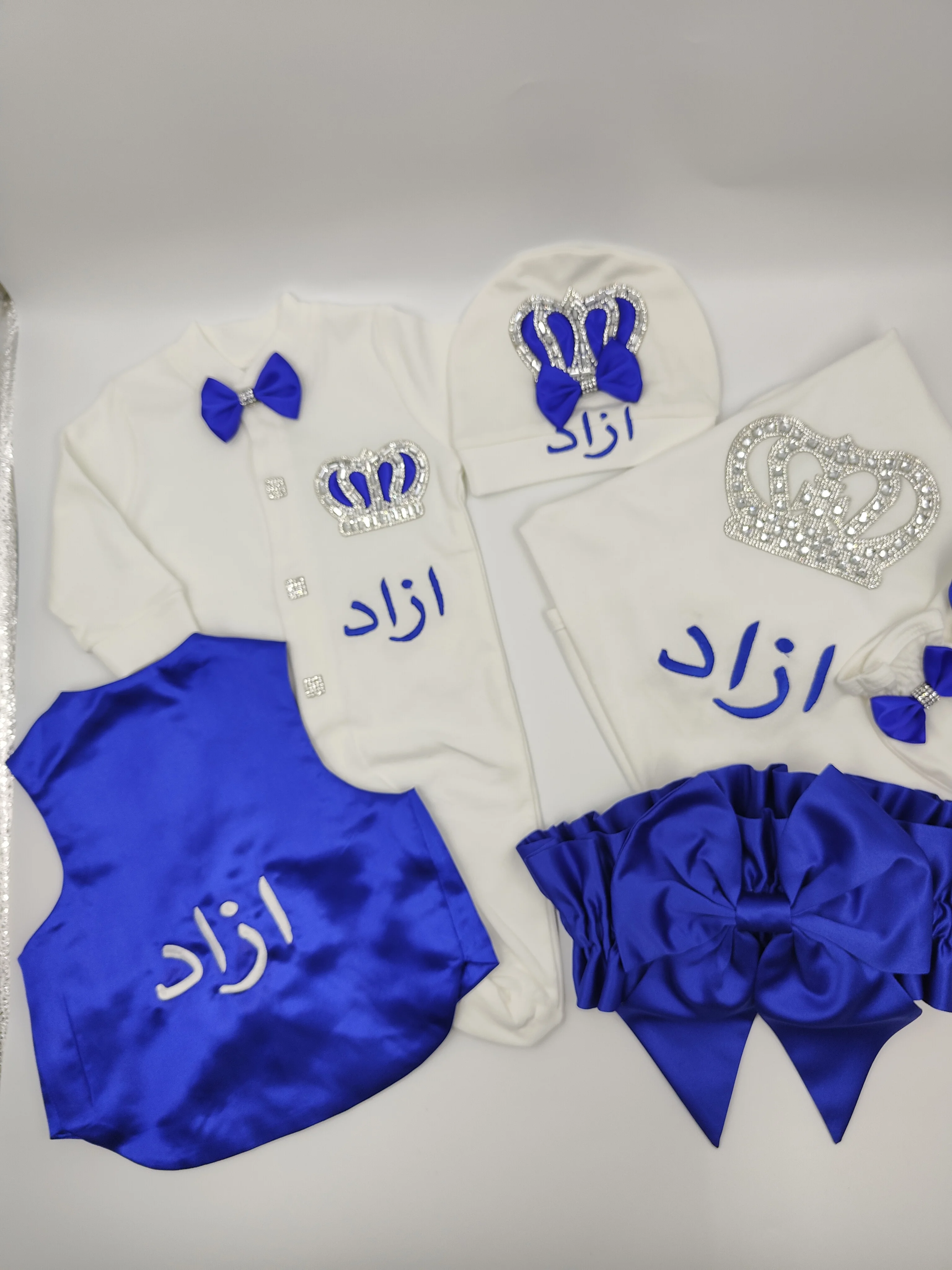 Newborn Boy 6Pcs Royal Blue Satin Gentleman Suit Footed Romper With Swaddle Blanket