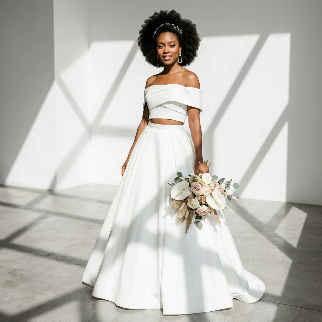 Two-Piece Off Shoulder Satin Wedding Dress Crop Top & A Line Skirt Modern Bridal Gown
