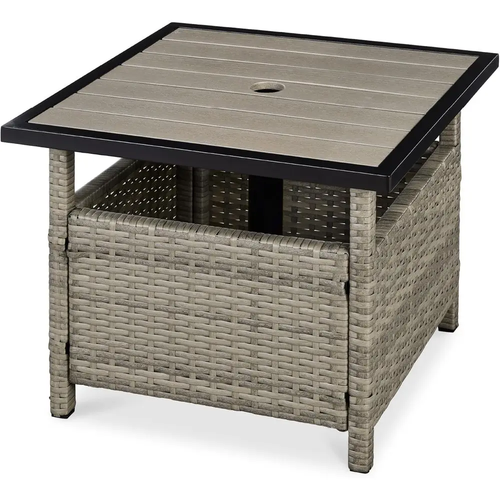 

Wicker Side Table with Umbrella Hole, Square PE Rattan Outdoor End Table or Patio, Garden, Poolside, Deck w/UV-Resistant e, Stor
