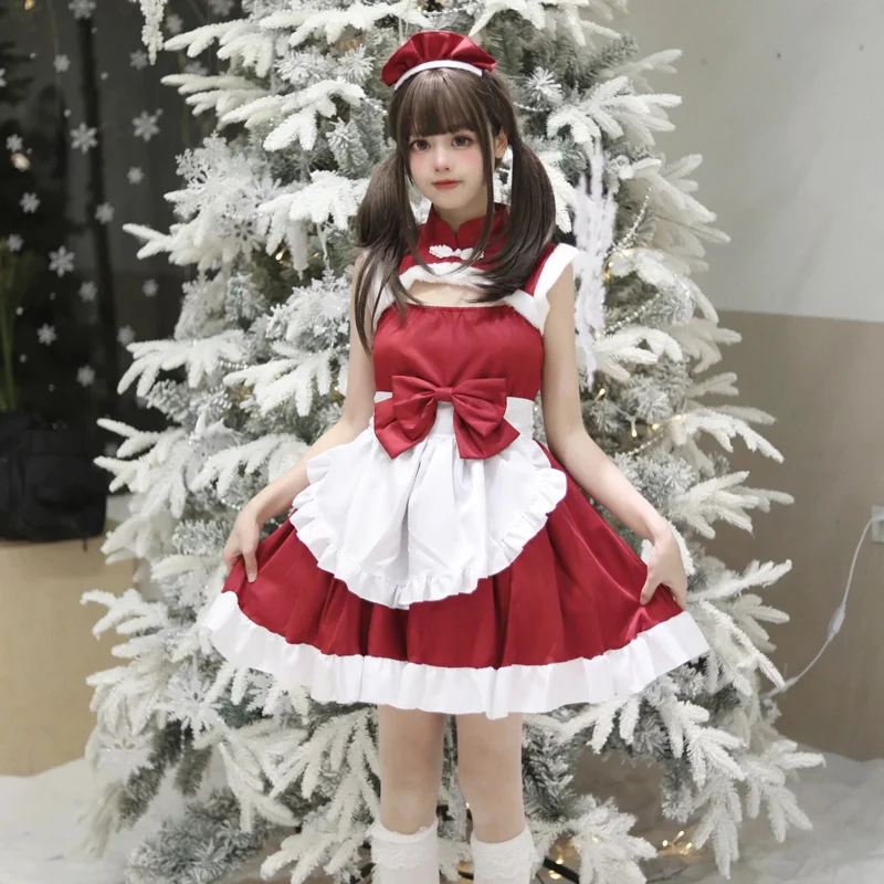 Christmas New Year Role Play Party Women Girls Red Maid Outfit Cosplay Suit Cute Outfit Lovely Girls Housemaid Cosplay Costume