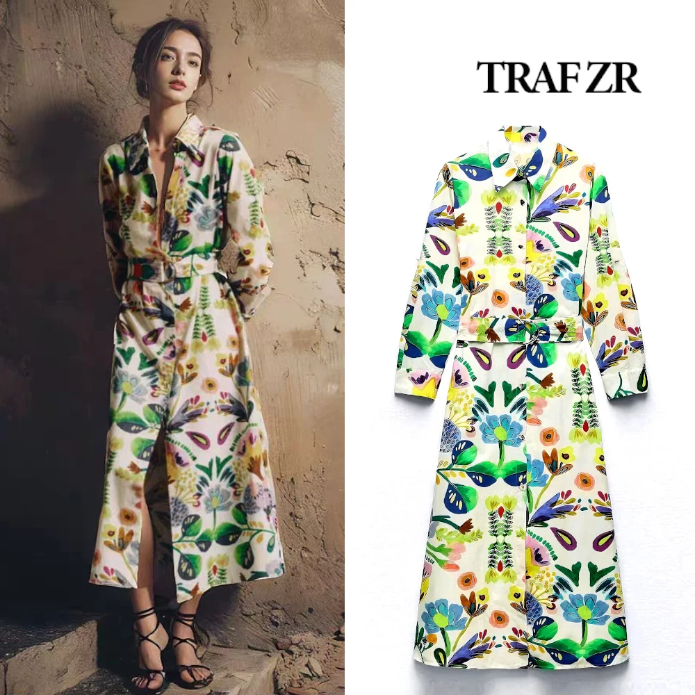 TRAF ZR Casual Shirt Dress for Women Printed Robes with Self Belt Streetwear Midi Dresses Long Sleeves Summer Outfit 2024