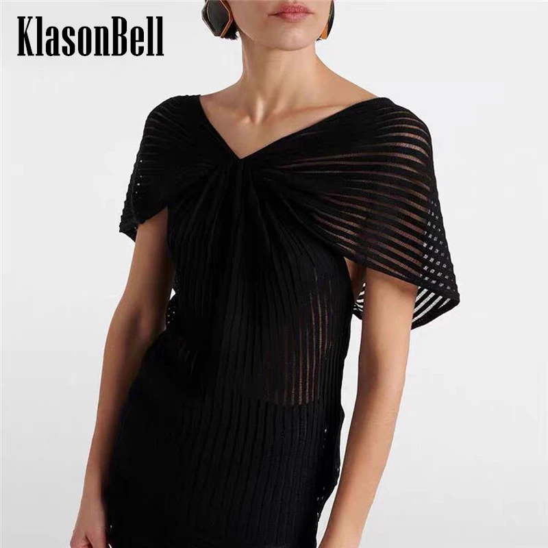 

5.20 KlasonBell 2024 Summer New Knit Criss-Cross V-Neck Black Blouse Sexy Backless Sheer Ribbed Knitted Elegant T-Shirt Women