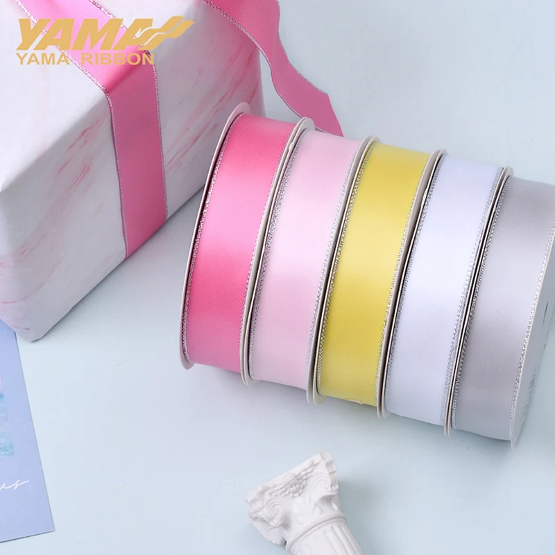 YAMA-Silver Edge Satin Ribbon, DIY Dress Accessory, Wedding Decoration Gifts, 0.25-1.5 Inch, 9, 16, 22, 25, 38mm, 100Yards per L