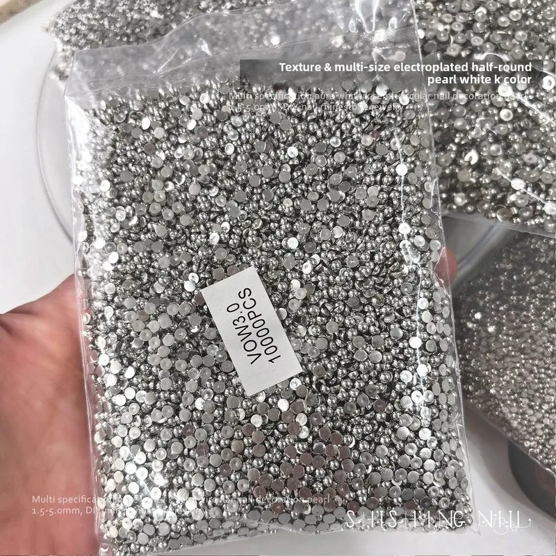 1-5mm White K Plated Pearl Nail Charms Bulk Silver Flat Back Half Round Pearls DIY Nail Art Accessories Nail Art Decoration