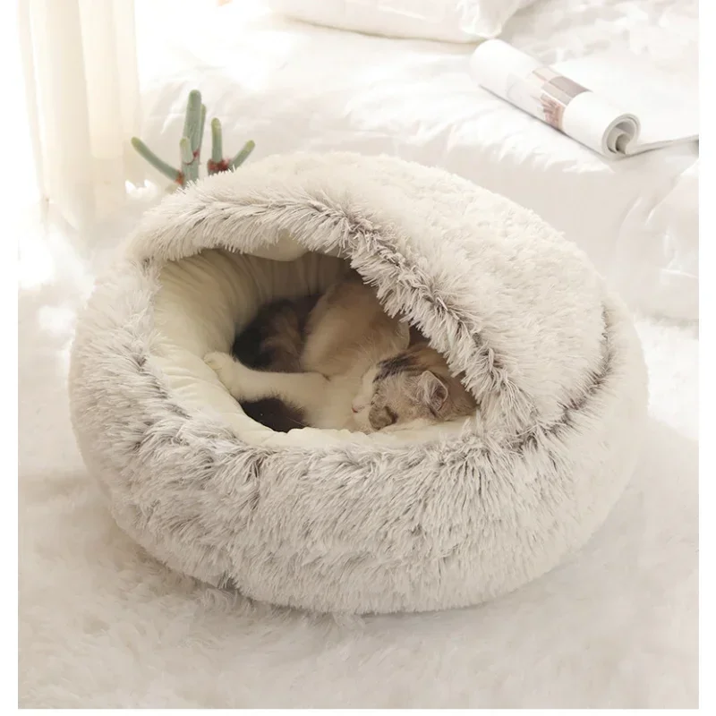 

Winter Long Plush Pet Cat Bed Round Cat Cushion House Warm Cat Basket Cat Sleep Bag Cat Nest Kennel 2 In 1 For Small Dog Cat