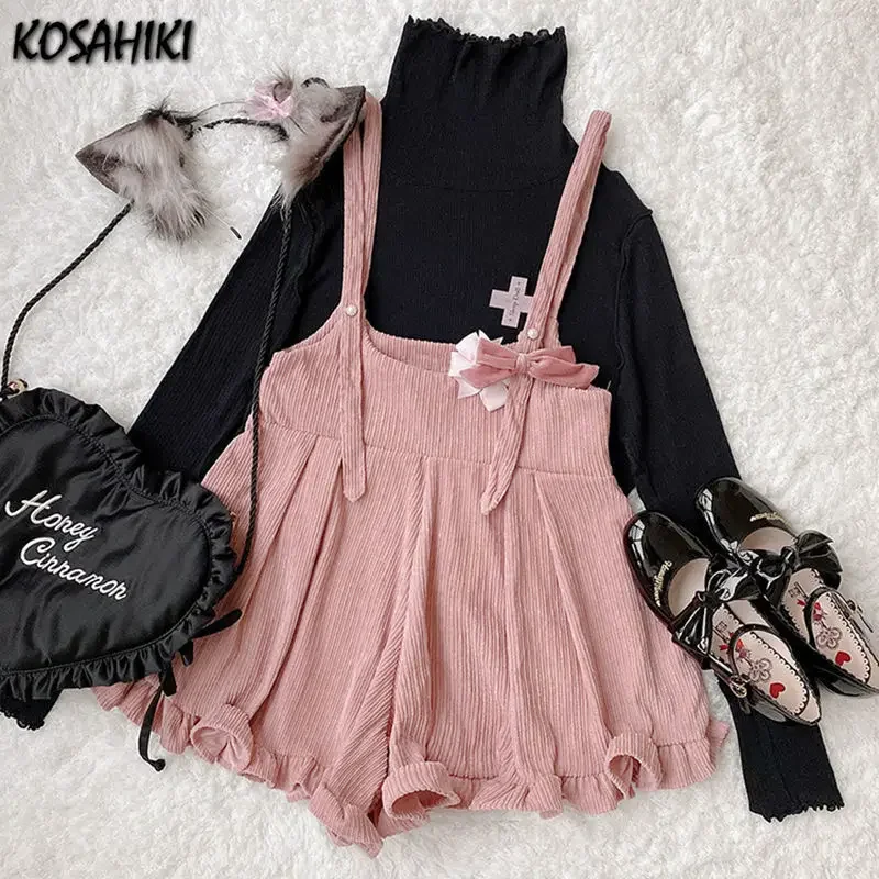 KOSAHIKI Japanese Kawaii Strap Shorts Women Corduroy Ruffle Solid Short 2024 Cute Lolita Overalls Chores Para Mujer