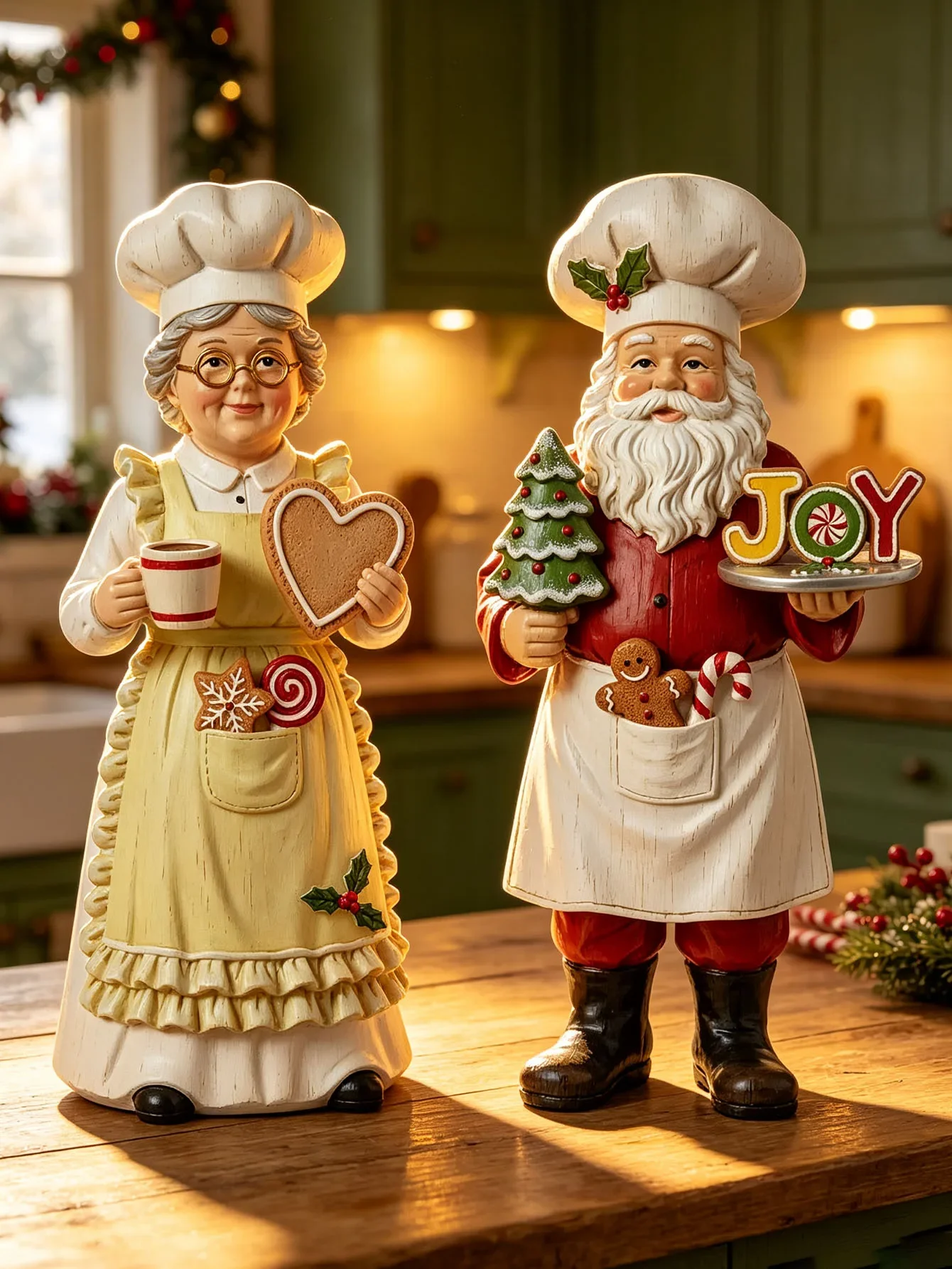 2-Piece Set of Chef Santa Claus and Mrs. Claus Christmas Ornaments, Wooden Chef Santa Claus Figurines