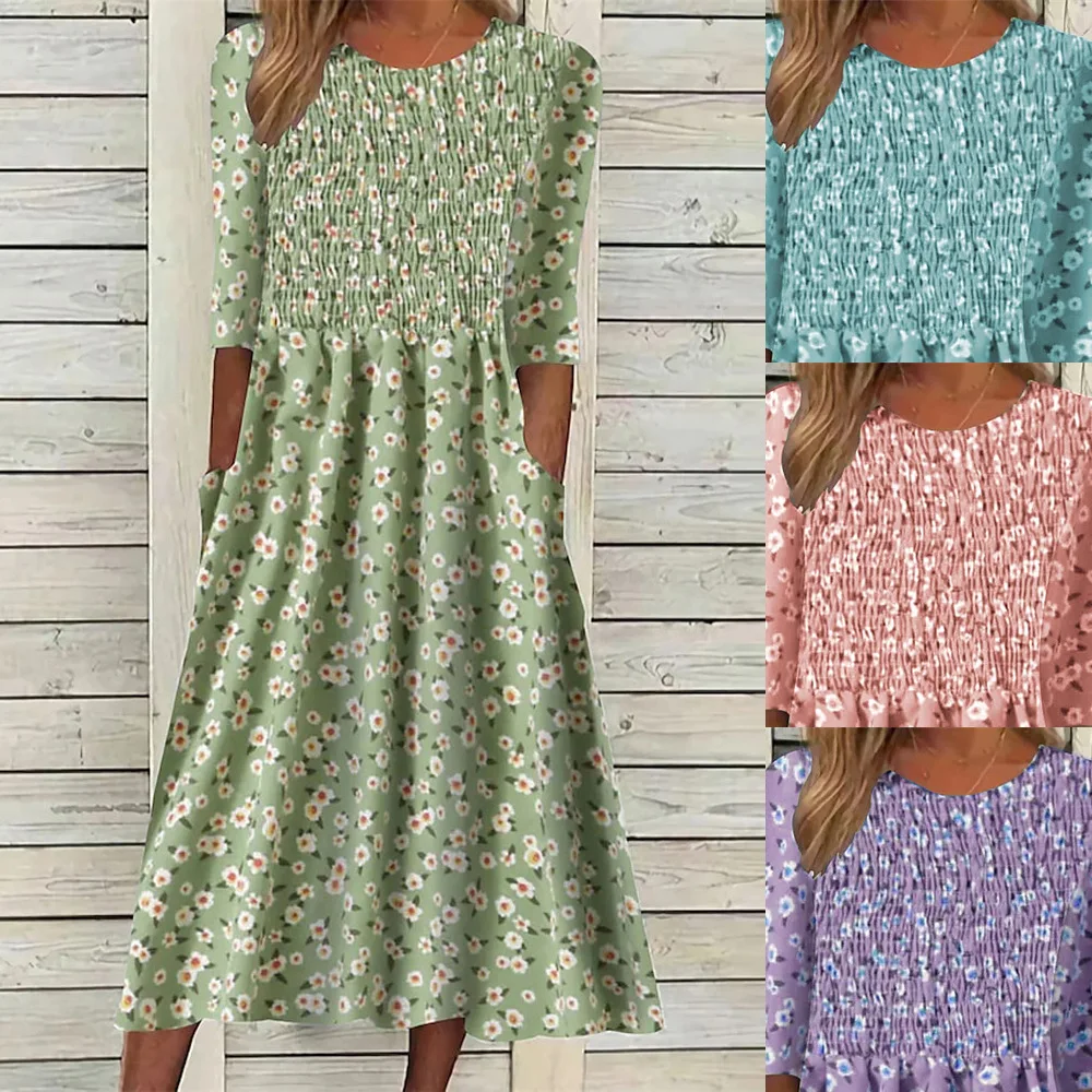 

Summer Classic Women's Short-sleeved Dress Floral High Waist Slimming and Pleated Girl's Fashion Street Vacation Long Skirt