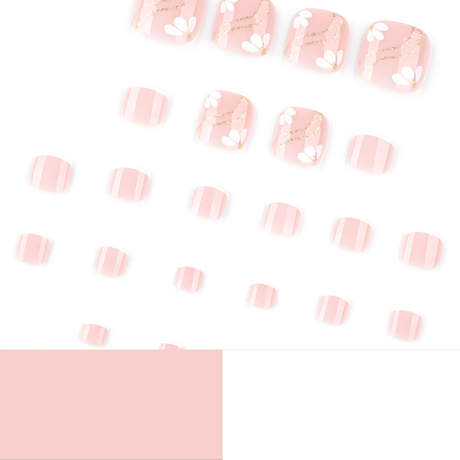 Naakt Roze Kleur Nep Teennagels 24 Stuks Eenvoudige Charme Druk Op Tenen Nagels Bloem Gedrukt Witte Franse Tip Herbruikbare Valse nagels