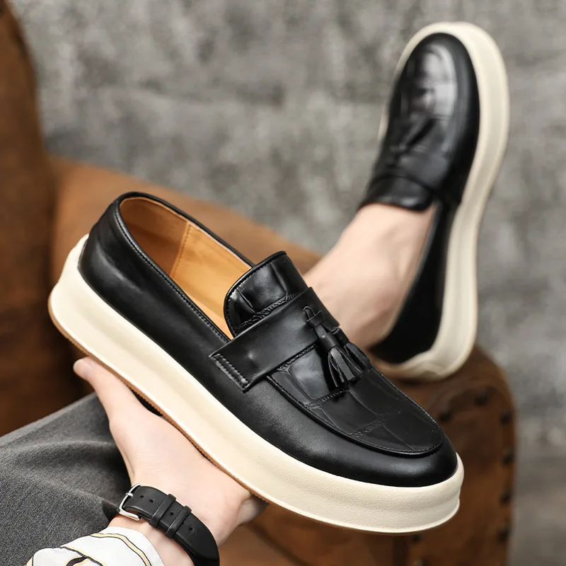 Mens Trendy Personalized Designer Tassels Loafers Men's Slip-on Casual Leather Shoes Men Thick Sole Heightened Outdoor Shoe