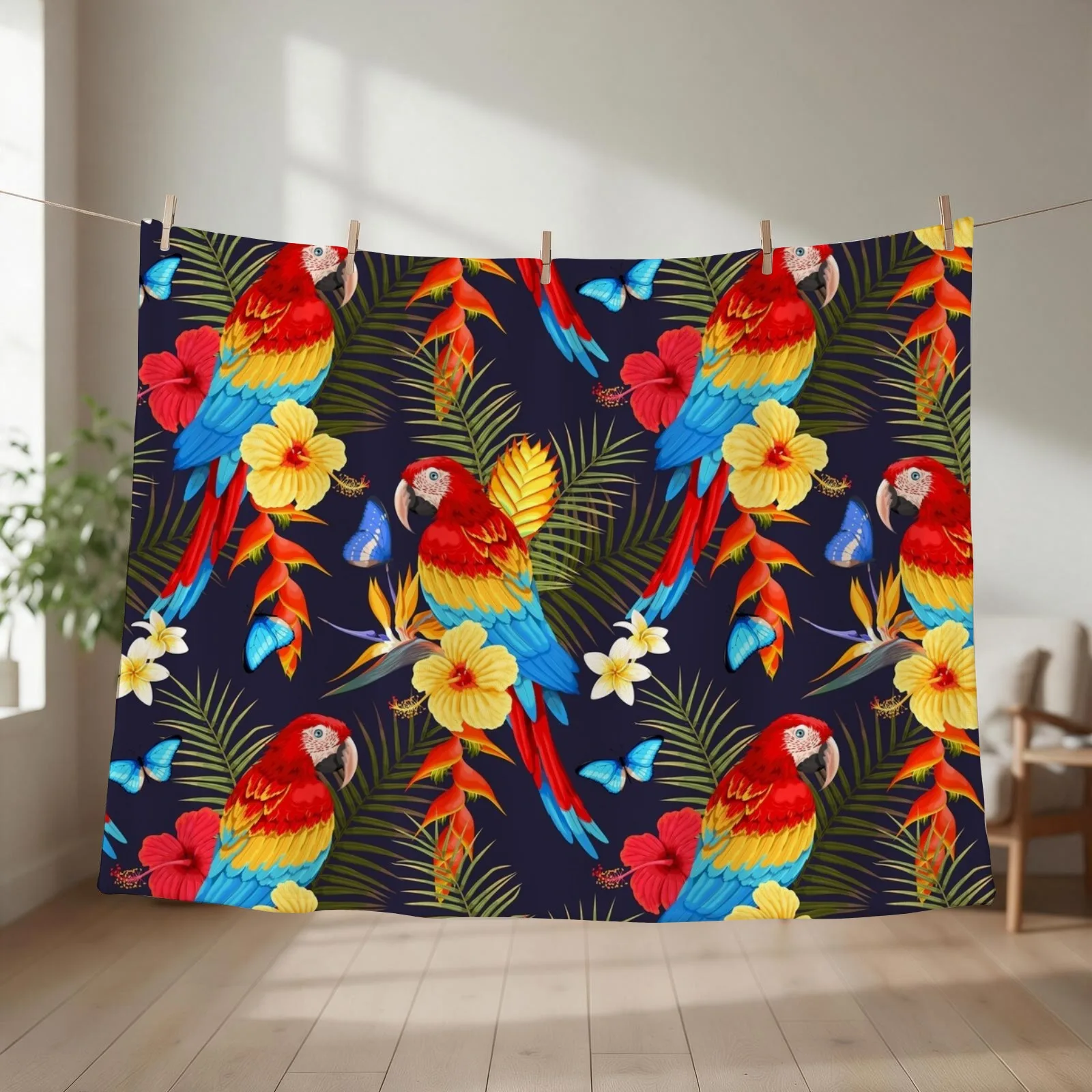Wild Macaws Painting (Black) - Exotic Tropical Birds - Colorful Parrots Throw Blanket Single Shaggy Nap Stuffeds Blankets