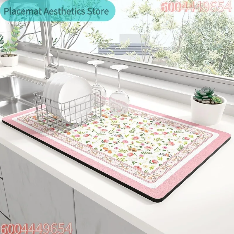 Floral Butterfly Kitchen Drying Mat Non-Slip Heat Resistant Countertop Decor Pad Modern Country Style Home Decor Sink Mat