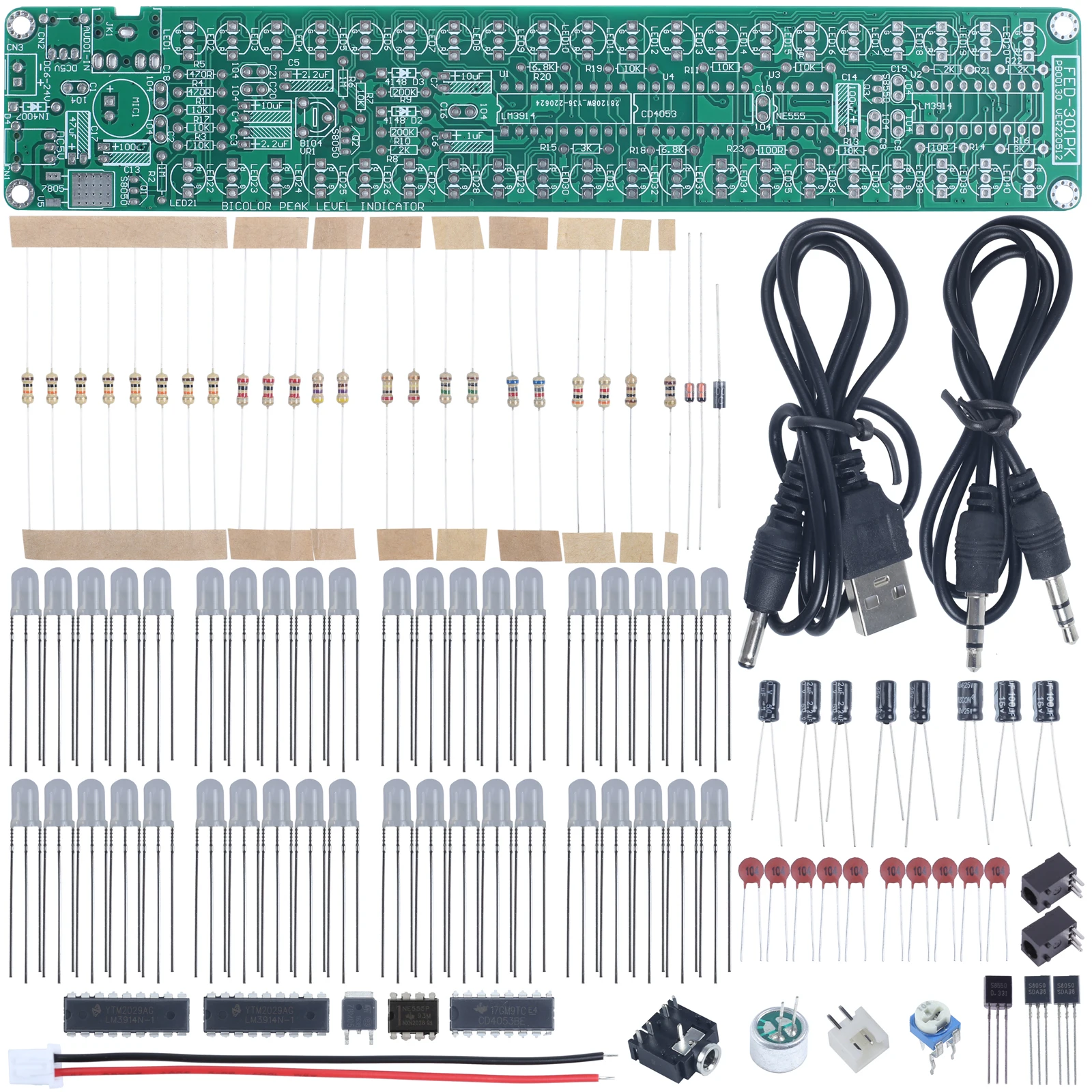 Audio Spectrum Indicator DIY Soldreing Practice Kit Red/Green LED Displayed Intensity of Input Audio Signal FED-301K