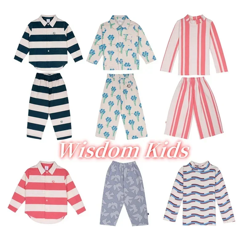 

WYN Kids Shirt Set 2024 Autumn/Winter New Boys Girls' Striped Long Sleeved Shirt Long Pants Set Clothes